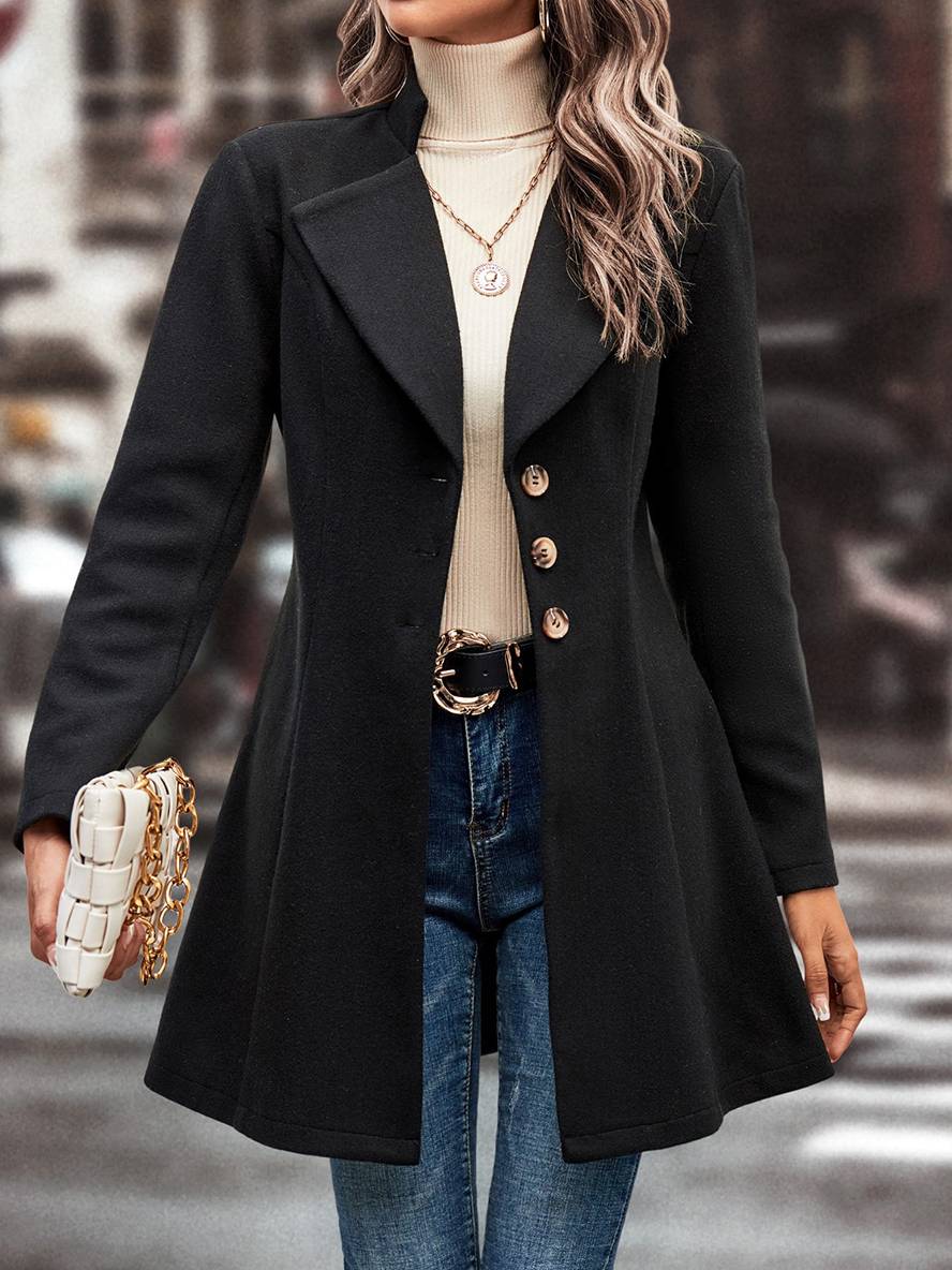 Heidi-Mode | Mittel Länge A-Linie Mantel In Wolle Knopfverschluss Revers Lange Ärmel Damen Elegante Mode Jacke