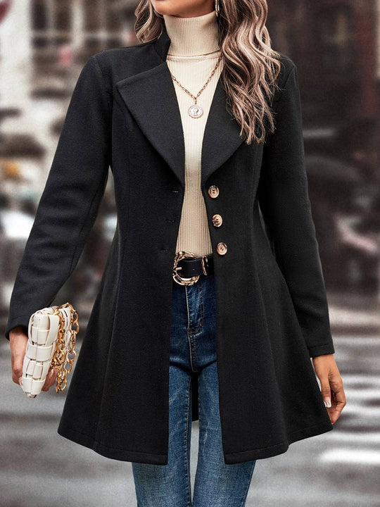 Heidi-Mode | Mittel Länge A-Linie Mantel In Wolle Knopfverschluss Revers Lange Ärmel Damen Elegante Mode Jacke
