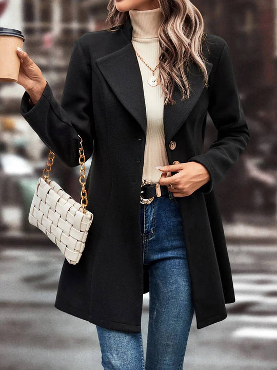 Heidi-Mode | Mittel Länge A-Linie Mantel In Wolle Knopfverschluss Revers Lange Ärmel Damen Elegante Mode Jacke