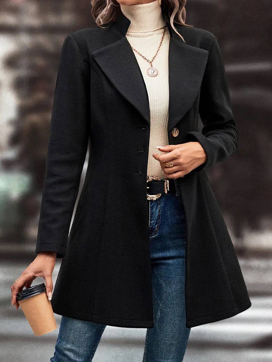 Heidi-Mode | Mittel Länge A-Linie Mantel In Wolle Knopfverschluss Revers Lange Ärmel Damen Elegante Mode Jacke