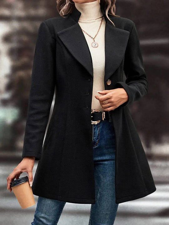 Heidi-Mode | Mittel Länge A-Linie Mantel In Wolle Knopfverschluss Revers Lange Ärmel Damen Elegante Mode Jacke