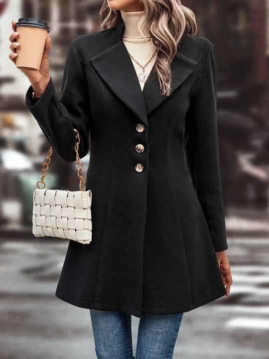 Heidi-Mode | Mittel Länge A-Linie Mantel In Wolle Knopfverschluss Revers Lange Ärmel Damen Elegante Mode Jacke