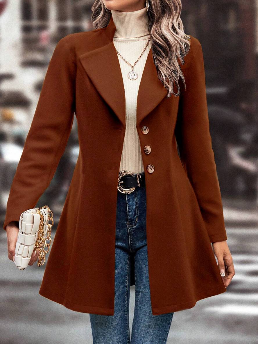 Heidi-Mode | Mittel Länge A-Linie Mantel In Wolle Knopfverschluss Revers Lange Ärmel Damen Elegante Mode Jacke