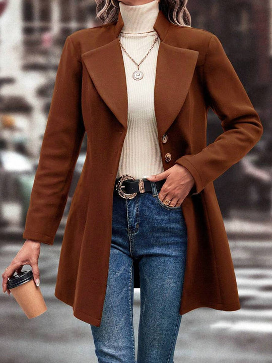 Heidi-Mode | Mittel Länge A-Linie Mantel In Wolle Knopfverschluss Revers Lange Ärmel Damen Elegante Mode Jacke