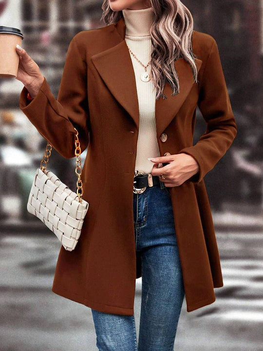Heidi-Mode | Mittel Länge A-Linie Mantel In Wolle Knopfverschluss Revers Lange Ärmel Damen Elegante Mode Jacke