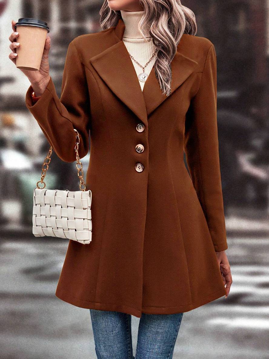 Heidi-Mode | Mittel Länge A-Linie Mantel In Wolle Knopfverschluss Revers Lange Ärmel Damen Elegante Mode Jacke