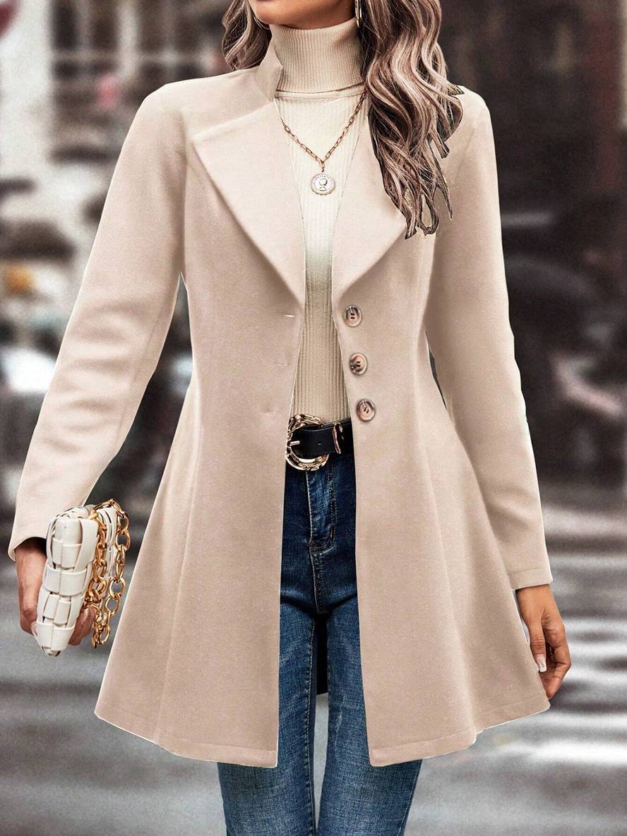 Heidi-Mode | Mittel Länge A-Linie Mantel In Wolle Knopfverschluss Revers Lange Ärmel Damen Elegante Mode Jacke