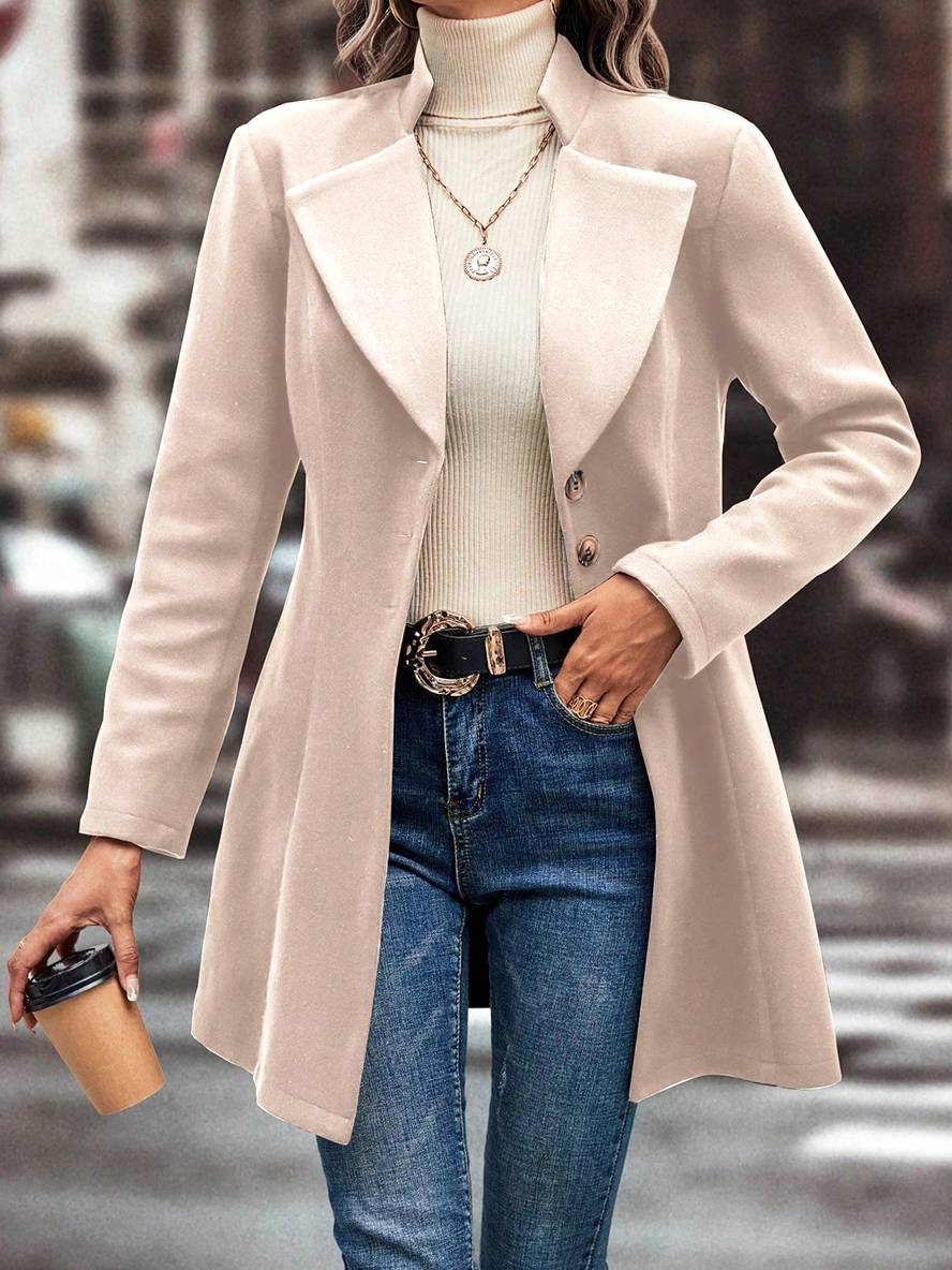 Heidi-Mode | Mittel Länge A-Linie Mantel In Wolle Knopfverschluss Revers Lange Ärmel Damen Elegante Mode Jacke