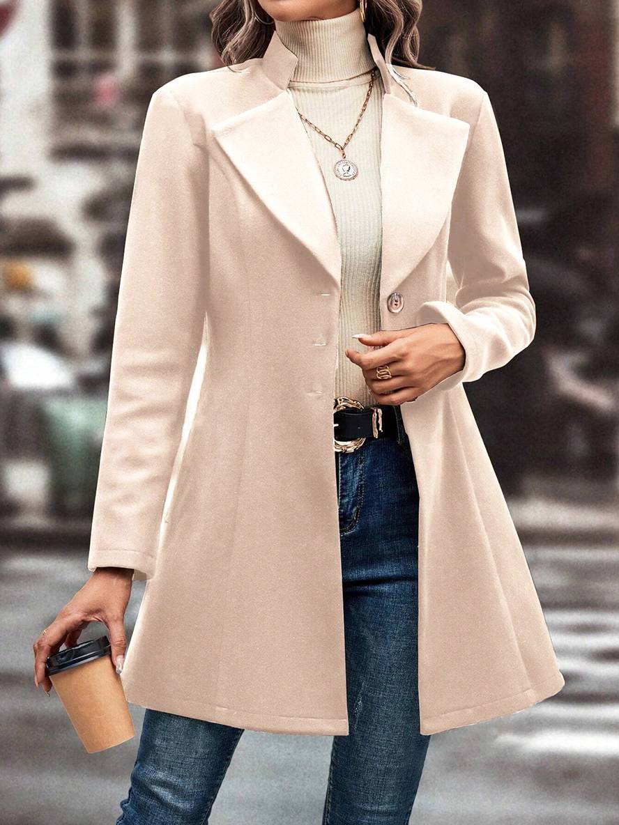 Heidi-Mode | Mittel Länge A-Linie Mantel In Wolle Knopfverschluss Revers Lange Ärmel Damen Elegante Mode Jacke