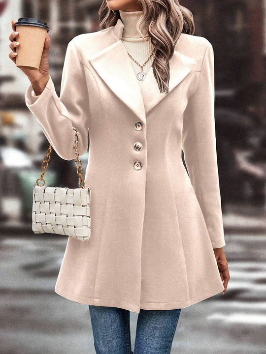 Heidi-Mode | Mittel Länge A-Linie Mantel In Wolle Knopfverschluss Revers Lange Ärmel Damen Elegante Mode Jacke
