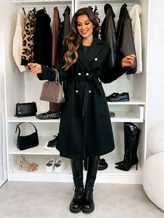 Heidi-Mode | Mittellanger Mantel aus Solider Wolle Doppelreiher Gürtel Revers Damen Freizeitjacke