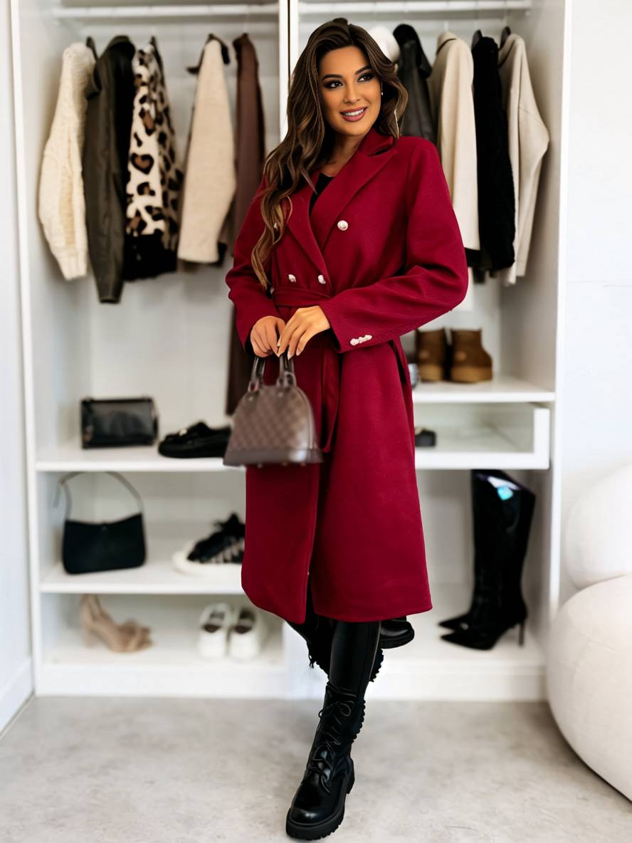 Heidi-Mode | Mittellanger Mantel aus Solider Wolle Doppelreiher Gürtel Revers Damen Freizeitjacke
