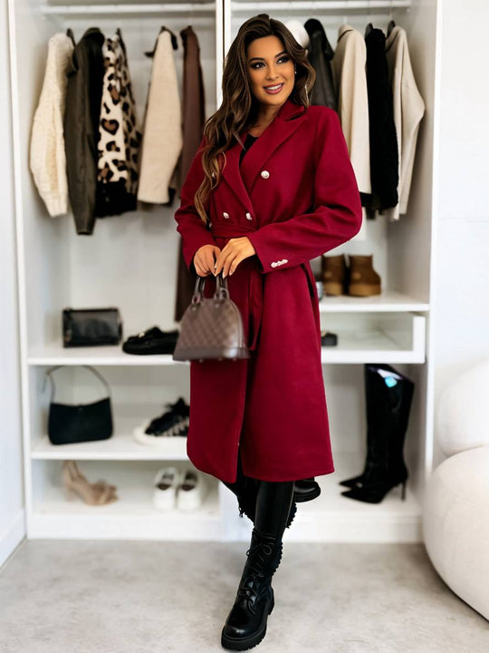 Heidi-Mode | Mittellanger Mantel aus Solider Wolle Doppelreiher Gürtel Revers Damen Freizeitjacke