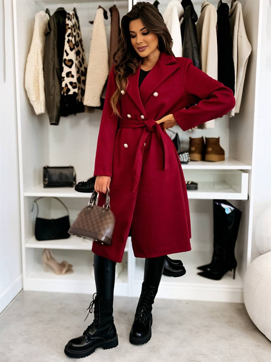 Heidi-Mode | Mittellanger Mantel aus Solider Wolle Doppelreiher Gürtel Revers Damen Freizeitjacke