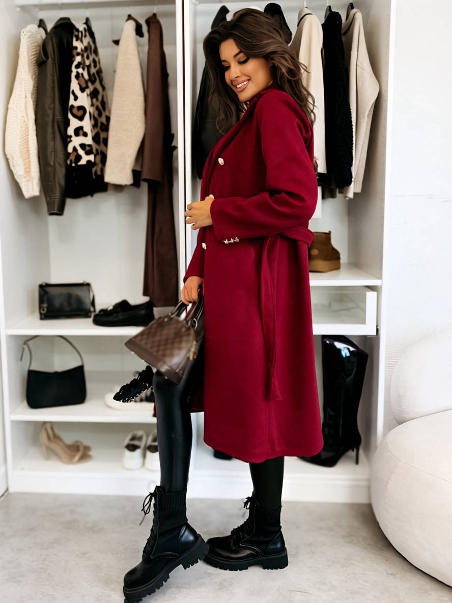 Heidi-Mode | Mittellanger Mantel aus Solider Wolle Doppelreiher Gürtel Revers Damen Freizeitjacke