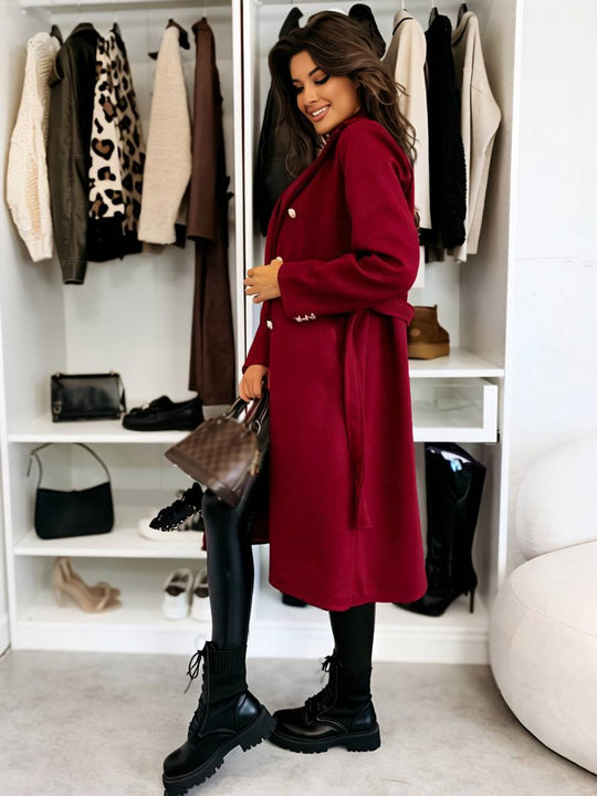 Heidi-Mode | Mittellanger Mantel aus Solider Wolle Doppelreiher Gürtel Revers Damen Freizeitjacke