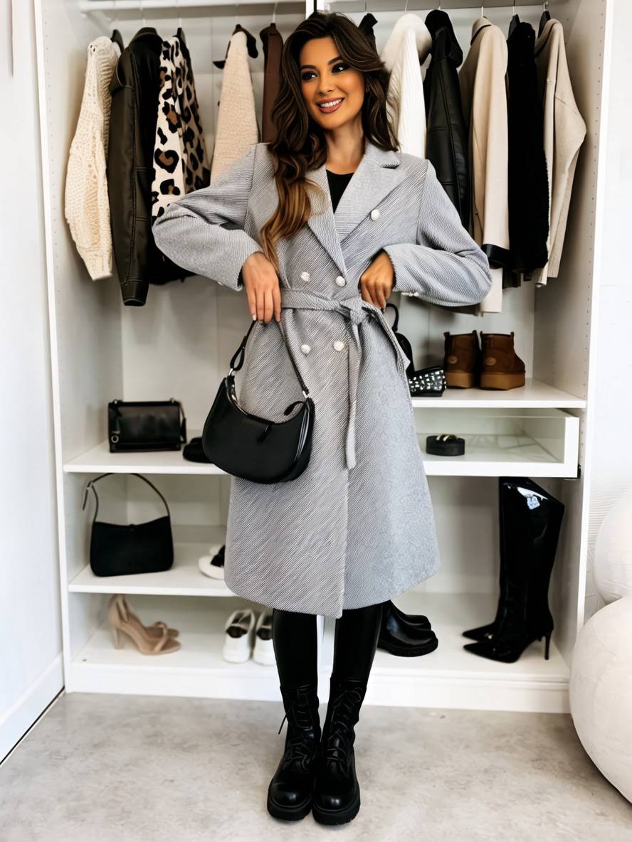 Heidi-Mode | Mittellanger Mantel aus Solider Wolle Doppelreiher Gürtel Revers Damen Freizeitjacke
