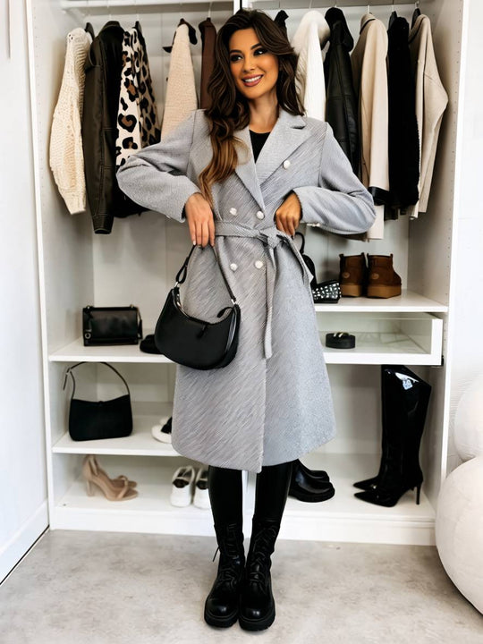 Heidi-Mode | Mittellanger Mantel aus Solider Wolle Doppelreiher Gürtel Revers Damen Freizeitjacke