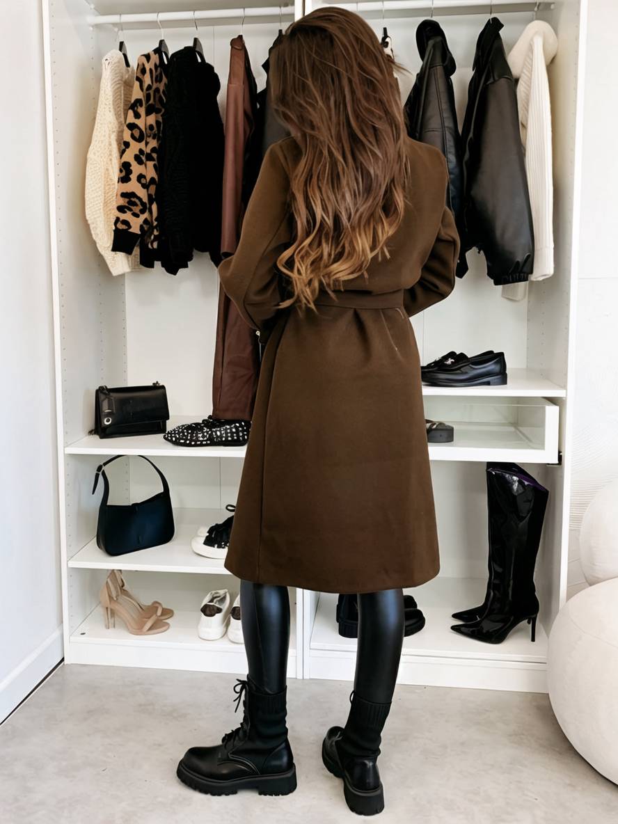 Heidi-Mode | Mittellanger Mantel aus Solider Wolle Doppelreiher Gürtel Revers Damen Freizeitjacke