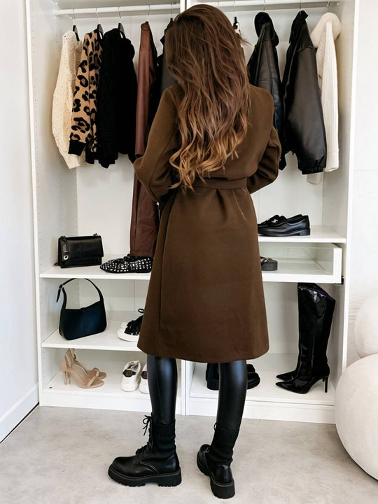 Heidi-Mode | Mittellanger Mantel aus Solider Wolle Doppelreiher Gürtel Revers Damen Freizeitjacke
