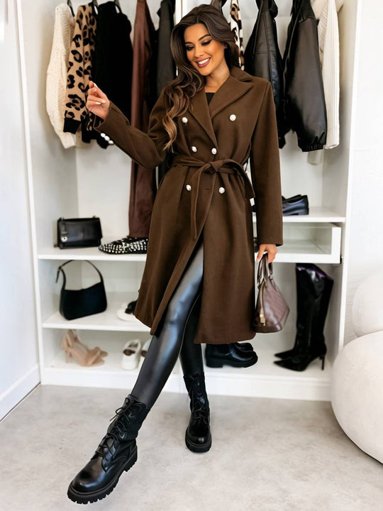 Heidi-Mode | Mittellanger Mantel aus Solider Wolle Doppelreiher Gürtel Revers Damen Freizeitjacke