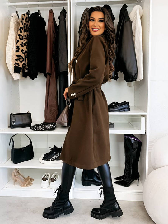 Heidi-Mode | Mittellanger Mantel aus Solider Wolle Doppelreiher Gürtel Revers Damen Freizeitjacke