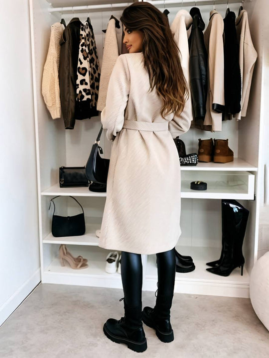 Heidi-Mode | Mittellanger Mantel aus Solider Wolle Doppelreiher Gürtel Revers Damen Freizeitjacke