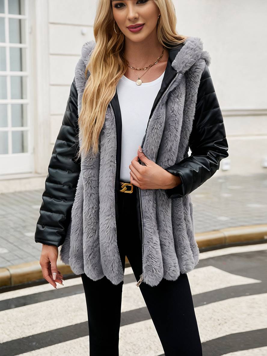 Heidi-Mode | Midi-Langer Mantel aus Kunstfell mit Kapuze Reißverschluss Taschen Gürtel Damen Winter Jacke Lässig Weit