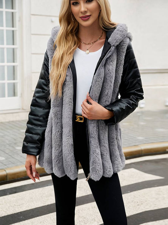 Heidi-Mode | Midi-Langer Mantel aus Kunstfell mit Kapuze Reißverschluss Taschen Gürtel Damen Winter Jacke Lässig Weit