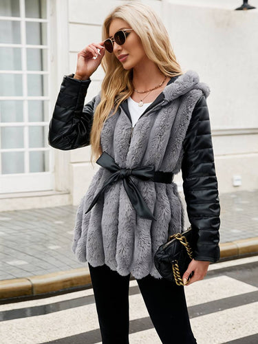 Heidi-Mode | Midi-Langer Mantel aus Kunstfell mit Kapuze Reißverschluss Taschen Gürtel Damen Winter Jacke Lässig Weit