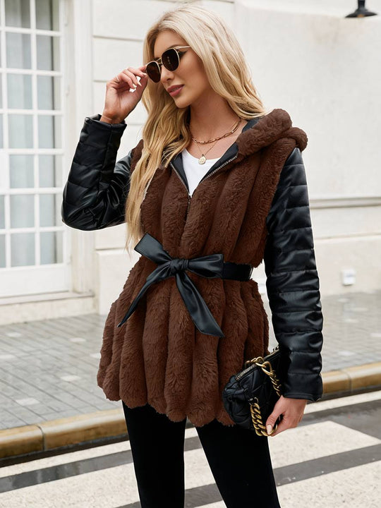 Heidi-Mode | Midi-Langer Mantel aus Kunstfell mit Kapuze Reißverschluss Taschen Gürtel Damen Winter Jacke Lässig Weit