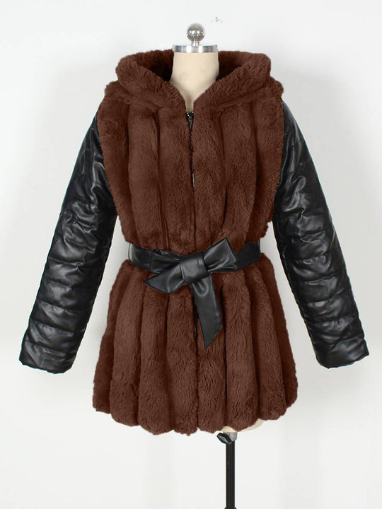 Heidi-Mode | Midi-Langer Mantel aus Kunstfell mit Kapuze Reißverschluss Taschen Gürtel Damen Winter Jacke Lässig Weit