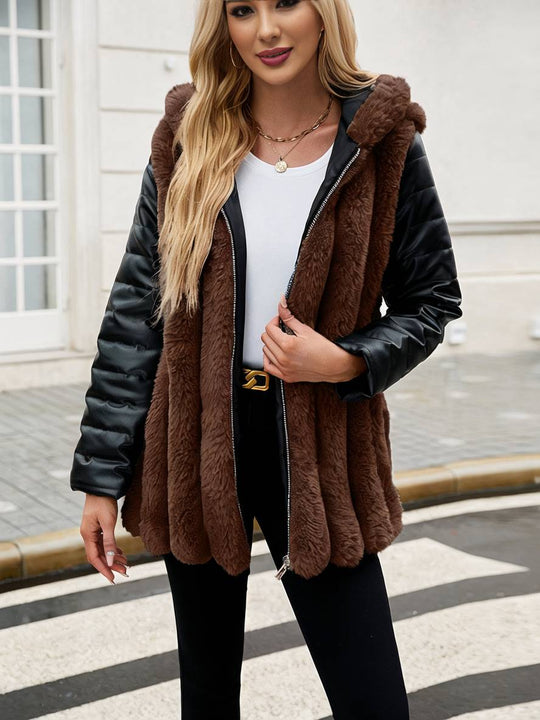 Heidi-Mode | Midi-Langer Mantel aus Kunstfell mit Kapuze Reißverschluss Taschen Gürtel Damen Winter Jacke Lässig Weit