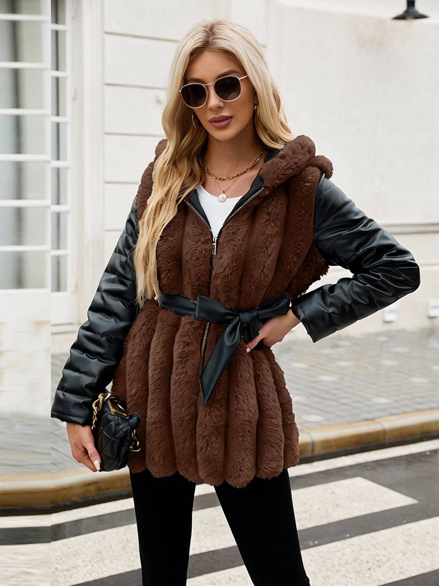 Heidi-Mode | Midi-Langer Mantel aus Kunstfell mit Kapuze Reißverschluss Taschen Gürtel Damen Winter Jacke Lässig Weit
