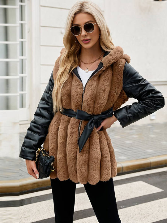 Heidi-Mode | Midi-Langer Mantel aus Kunstfell mit Kapuze Reißverschluss Taschen Gürtel Damen Winter Jacke Lässig Weit
