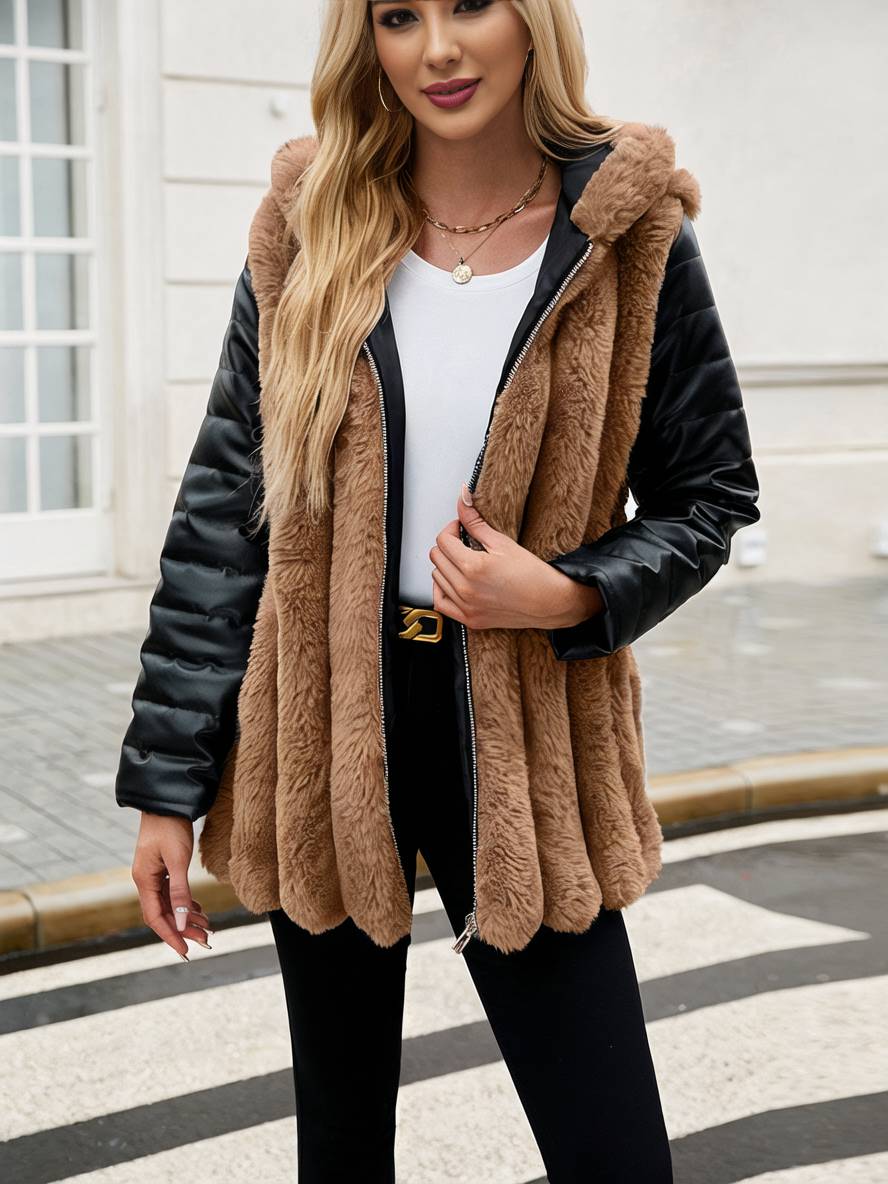 Heidi-Mode | Midi-Langer Mantel aus Kunstfell mit Kapuze Reißverschluss Taschen Gürtel Damen Winter Jacke Lässig Weit