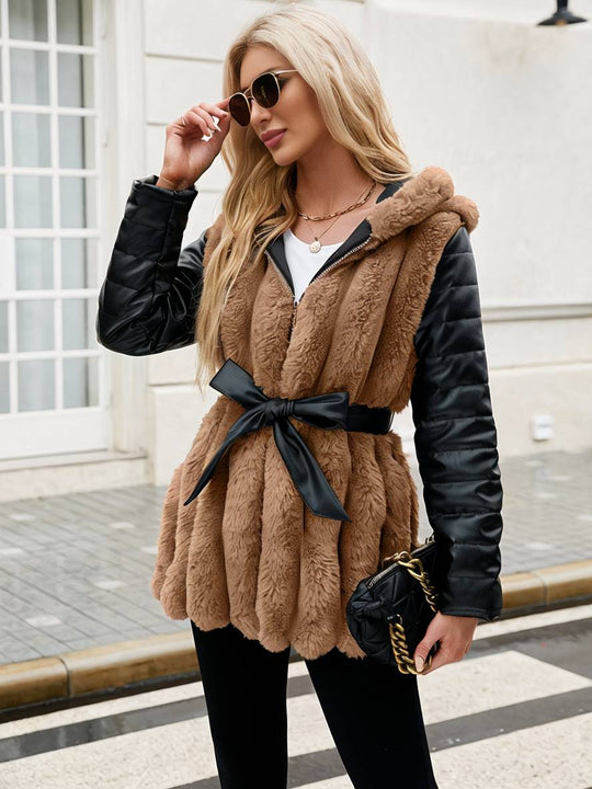 Heidi-Mode | Midi-Langer Mantel aus Kunstfell mit Kapuze Reißverschluss Taschen Gürtel Damen Winter Jacke Lässig Weit