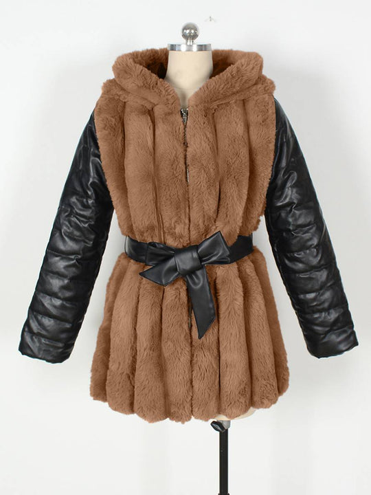 Heidi-Mode | Midi-Langer Mantel aus Kunstfell mit Kapuze Reißverschluss Taschen Gürtel Damen Winter Jacke Lässig Weit