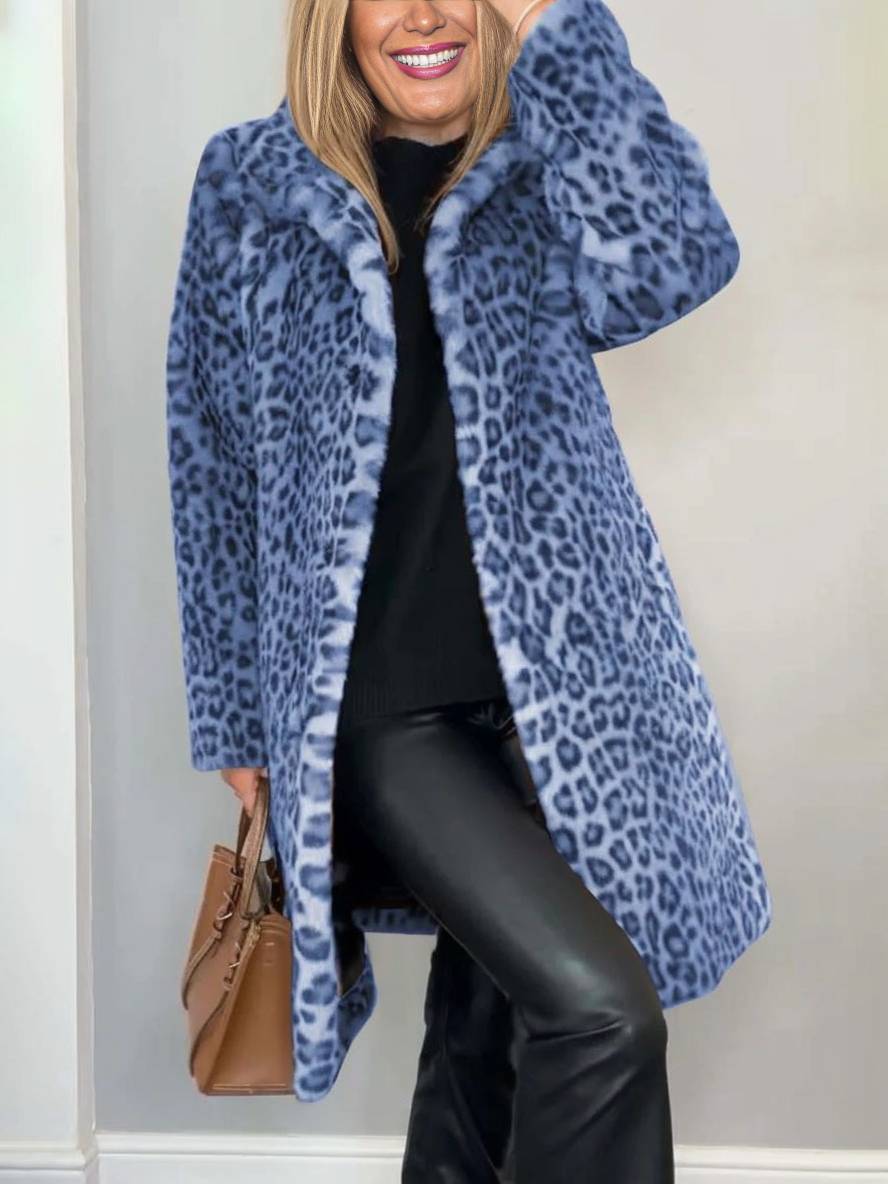 Heidi-Mode | Langer Mantel In Kunstpelz Leopard Hoher Kragen Lange Ärmel Damen Elegante Mode Casual Winter Mantel