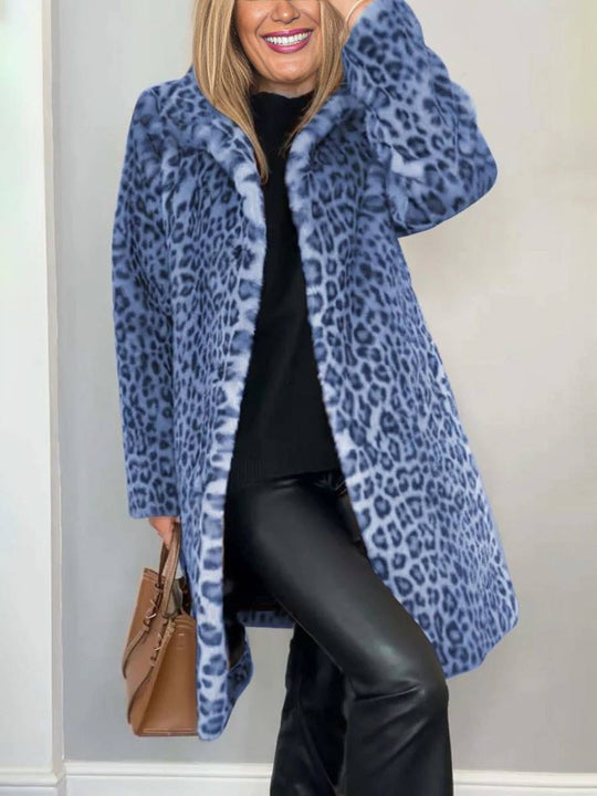 Heidi-Mode | Langer Mantel In Kunstpelz Leopard Hoher Kragen Lange Ärmel Damen Elegante Mode Casual Winter Mantel