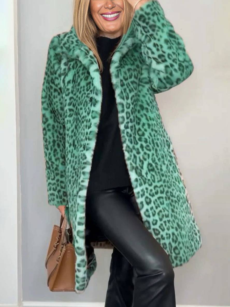 Heidi-Mode | Langer Mantel In Kunstpelz Leopard Hoher Kragen Lange Ärmel Damen Elegante Mode Casual Winter Mantel