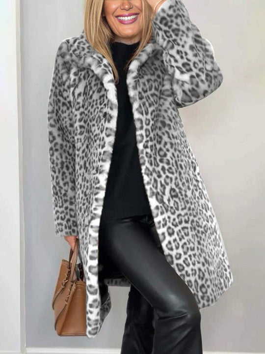 Heidi-Mode | Langer Mantel In Kunstpelz Leopard Hoher Kragen Lange Ärmel Damen Elegante Mode Casual Winter Mantel