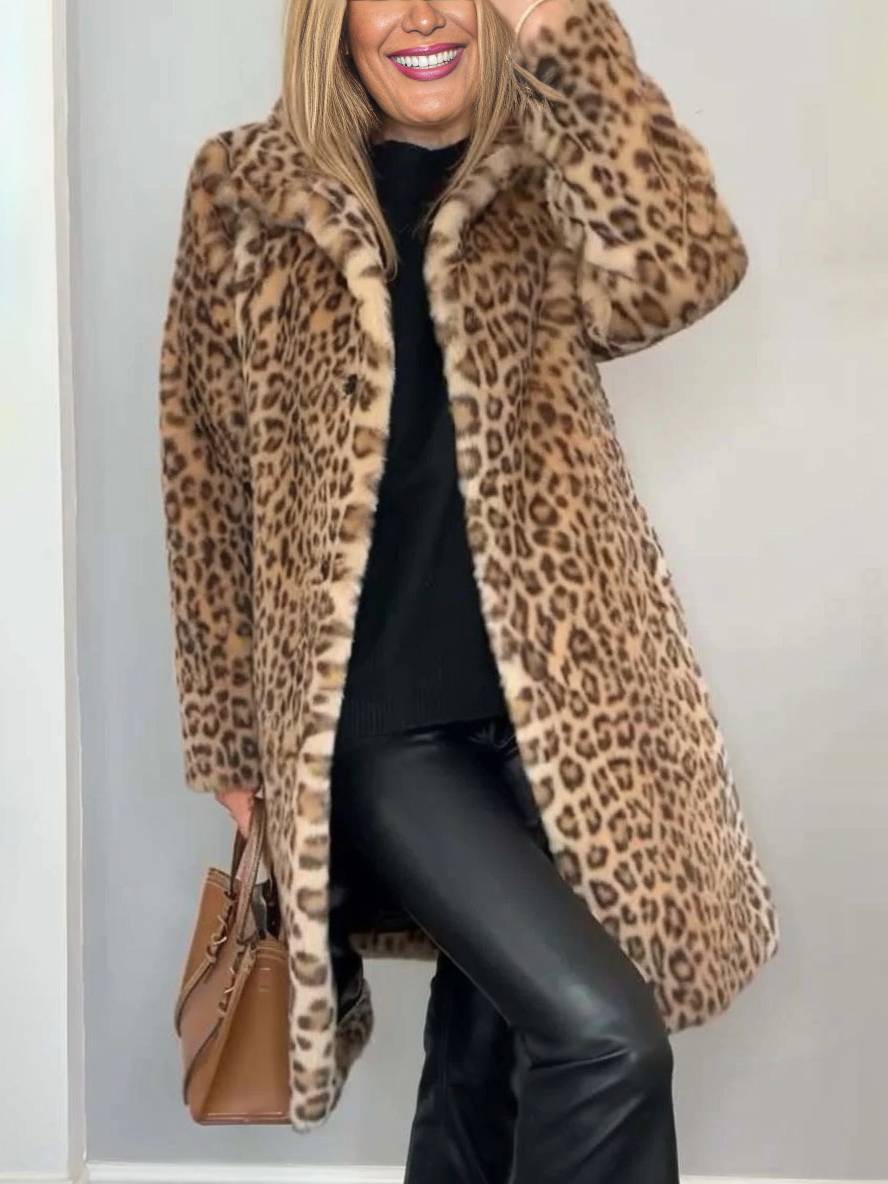 Heidi-Mode | Langer Mantel In Kunstpelz Leopard Hoher Kragen Lange Ärmel Damen Elegante Mode Casual Winter Mantel