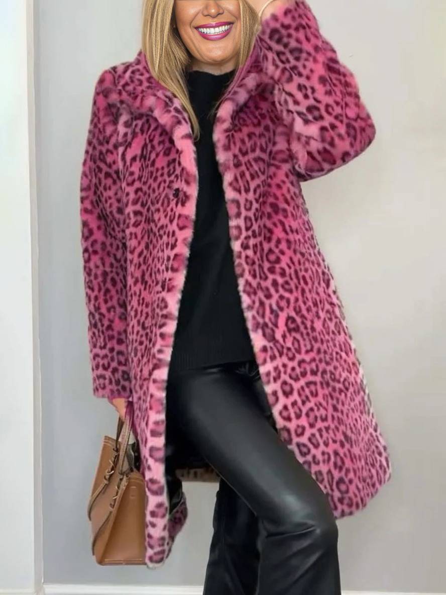 Heidi-Mode | Langer Mantel In Kunstpelz Leopard Hoher Kragen Lange Ärmel Damen Elegante Mode Casual Winter Mantel
