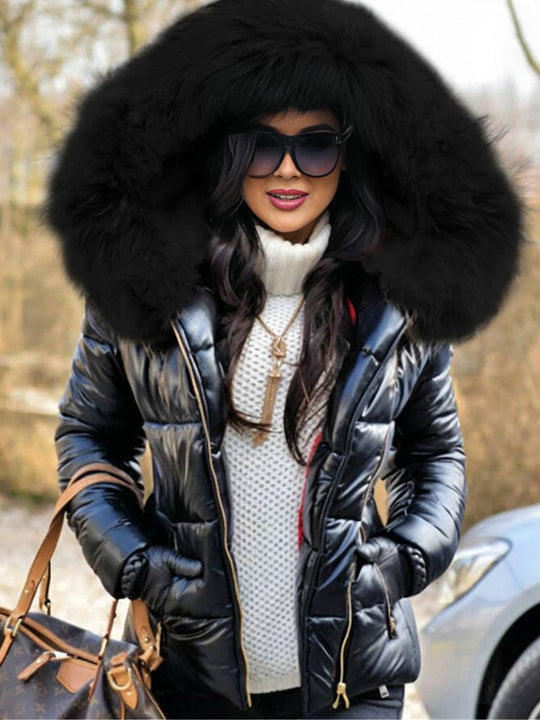 Heidi-Mode | Kurze Daunenjacke mit Kapuze und Falschem Pelz Reißverschluss Taschen Damen Winter Freizeitjacke