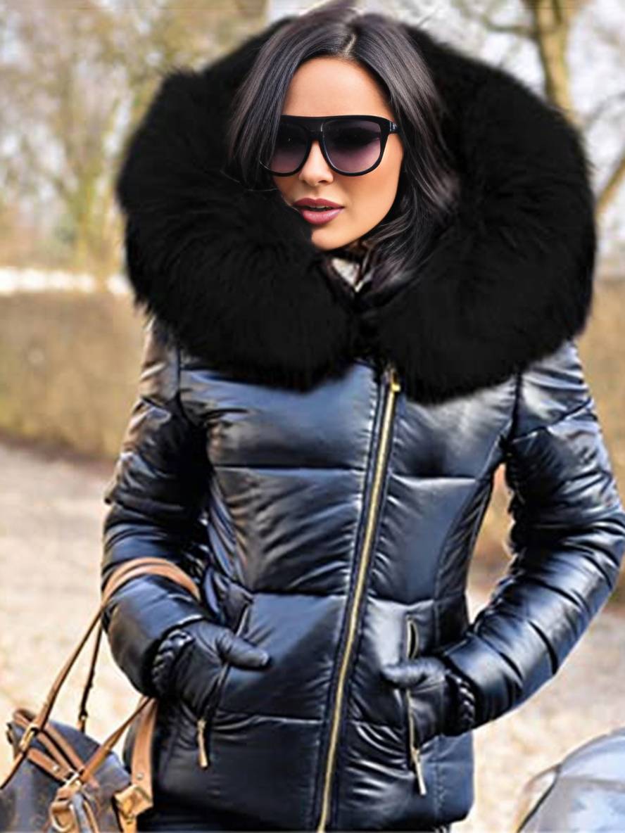 Heidi-Mode | Kurze Daunenjacke mit Kapuze und Falschem Pelz Reißverschluss Taschen Damen Winter Freizeitjacke