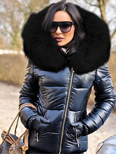 Heidi-Mode | Kurze Daunenjacke mit Kapuze und Falschem Pelz Reißverschluss Taschen Damen Winter Freizeitjacke