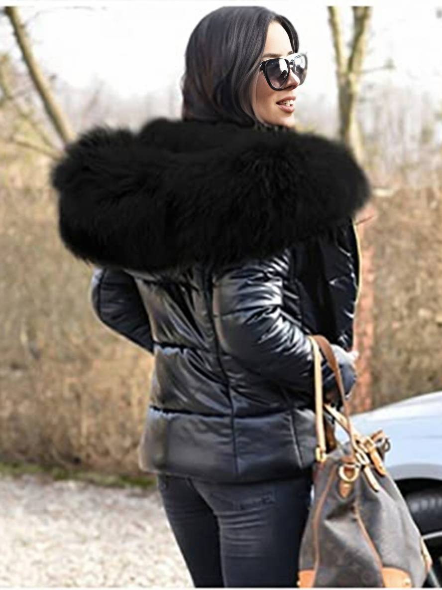 Heidi-Mode | Kurze Daunenjacke mit Kapuze und Falschem Pelz Reißverschluss Taschen Damen Winter Freizeitjacke