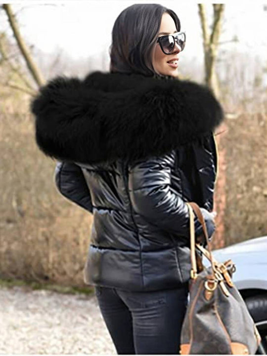 Heidi-Mode | Kurze Daunenjacke mit Kapuze und Falschem Pelz Reißverschluss Taschen Damen Winter Freizeitjacke