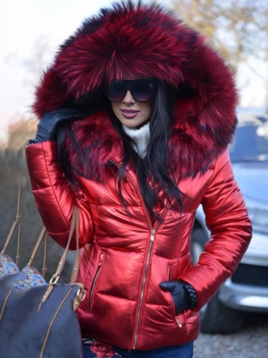 Heidi-Mode | Kurze Daunenjacke mit Kapuze und Falschem Pelz Reißverschluss Taschen Damen Winter Freizeitjacke